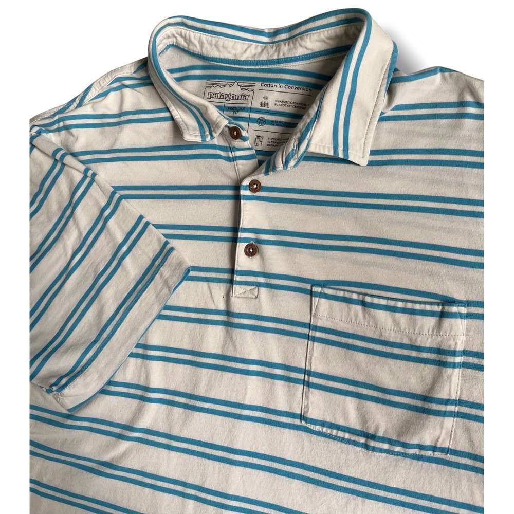 Patagonia Mens Short Sleeve Polo Striped White Blue Sz XL Outdoor Casual